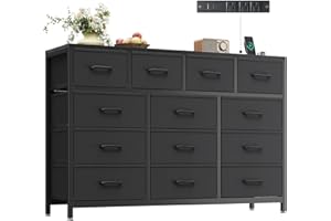Casaottima Dresser for Bedroom with Charging Station, 55" Long Dresser with 13 Storage Drawers, Large Fabric Dressers Chests of Drawers with Shelves, Black