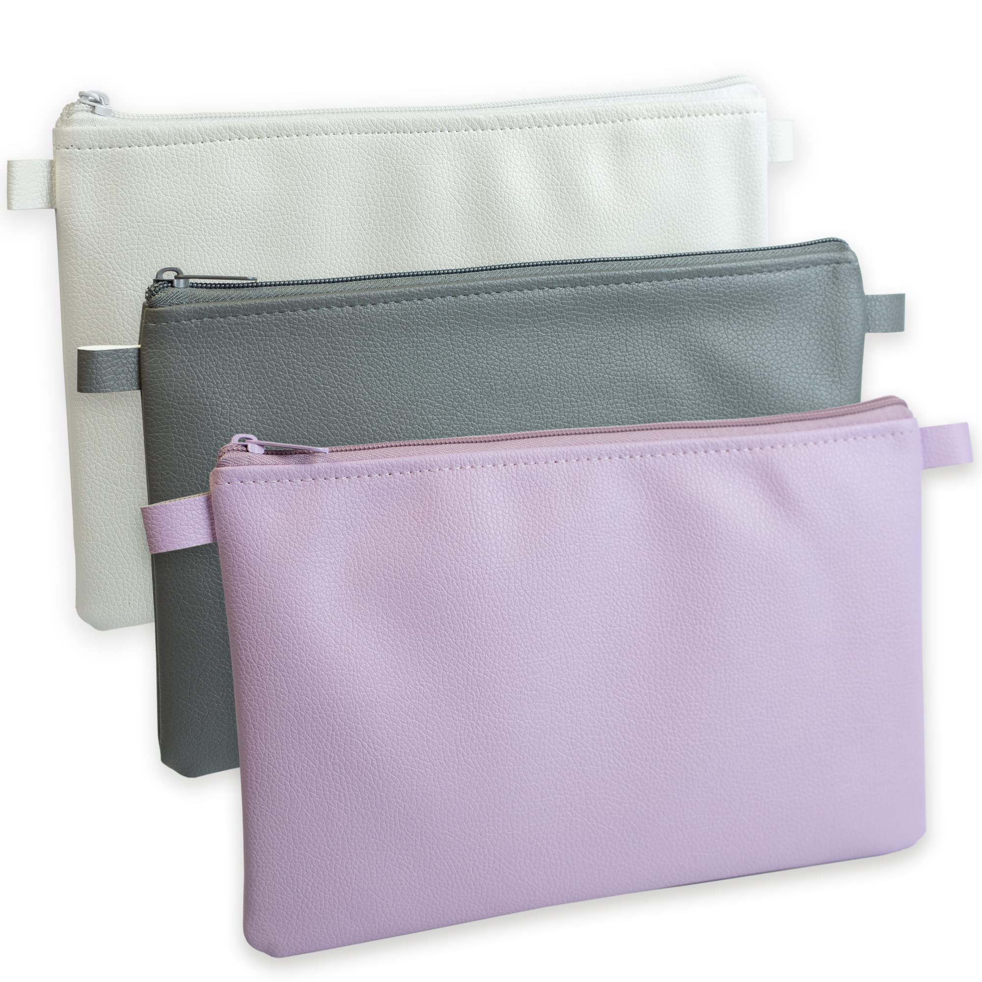 effektivo Set of 3 Coloured Wallets, Wallet, Bank Bag, Bank Folder, Document Bag with Zip, Pen Bag, Cosmetic Bag, Grey/White/Pink