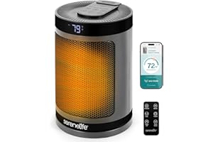 SereneLife Smart Space Heater – 1500W Indoor Electric Heater with Thermostat, Remote Control, 12-Hour Timer, Wi-Fi Enabled PTC Ceramic Heating for Home and Office, Gray (5.9" x 5.9" x 9.5")
