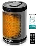 SereneLife Smart Space Heater – 1500W Indoor Electric Heater with Thermostat, Remote Control, 12-Hour Timer, Wi-Fi Enabled PTC Ceramic Heating for Home and Office, Gray (5.9" x 5.9" x 9.5")