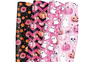 Vnaaem Pink Halloween Wrapping Paper with Ghost Pumpkin Skeleton Patterns Folded Flat Art Paper for DIY Crafts Trick or Treat Birthday Party - 20 X 28Inches Per Sheet(8 Pack)