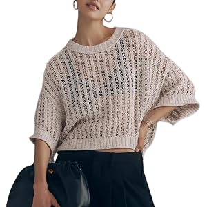 SeeLuNa Women Crochet Tops Crewneck Elbow Sleeve Corded Mesh Sweater Boho Beach Knit Cover Up Vacation Holey Sweaters