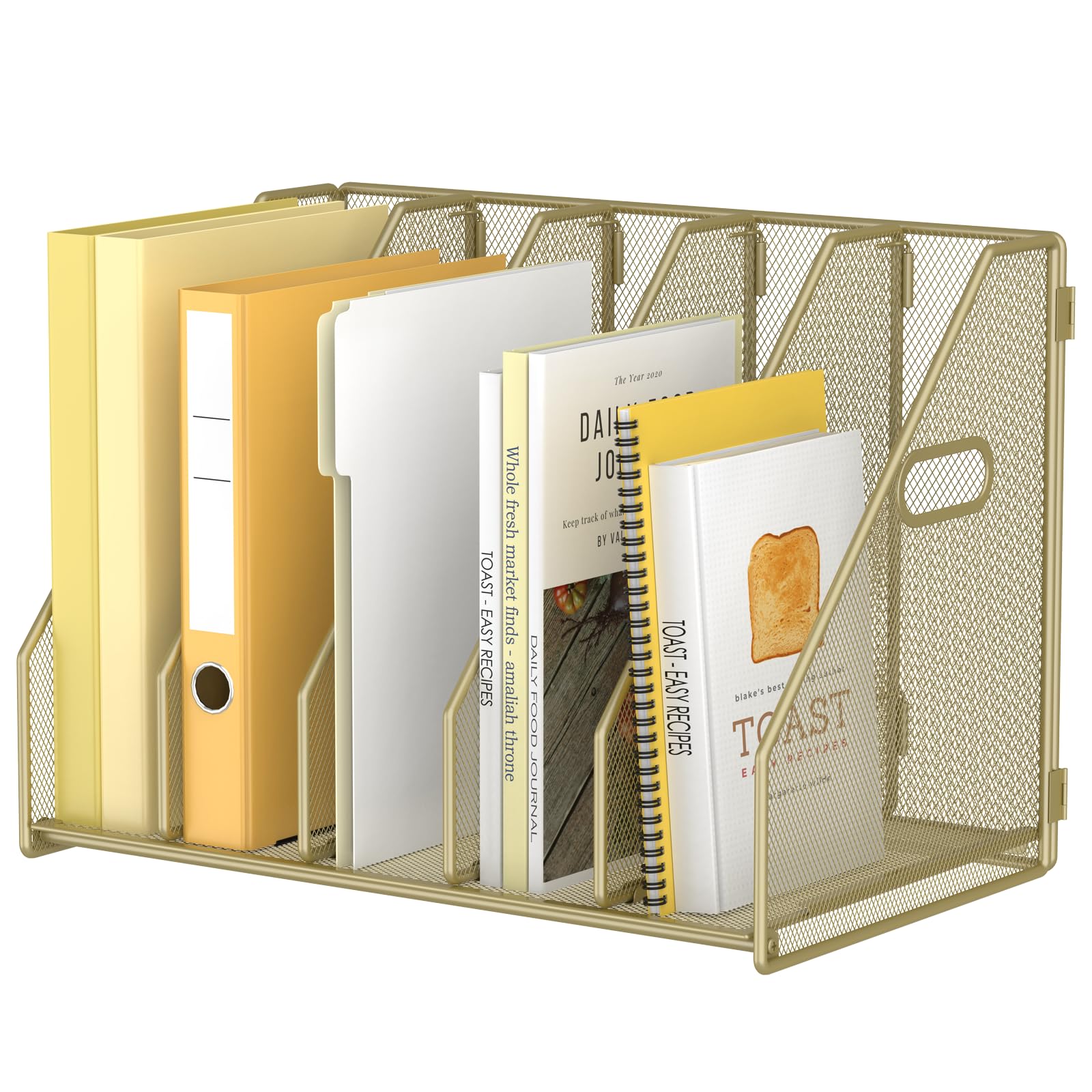 Photo 1 of MINDEPOT Desk File Organizer Metal Desk Magazine Folder Holder with 5 Vertical Compartments Rack File Organizer for Office, Home, School (Gold)