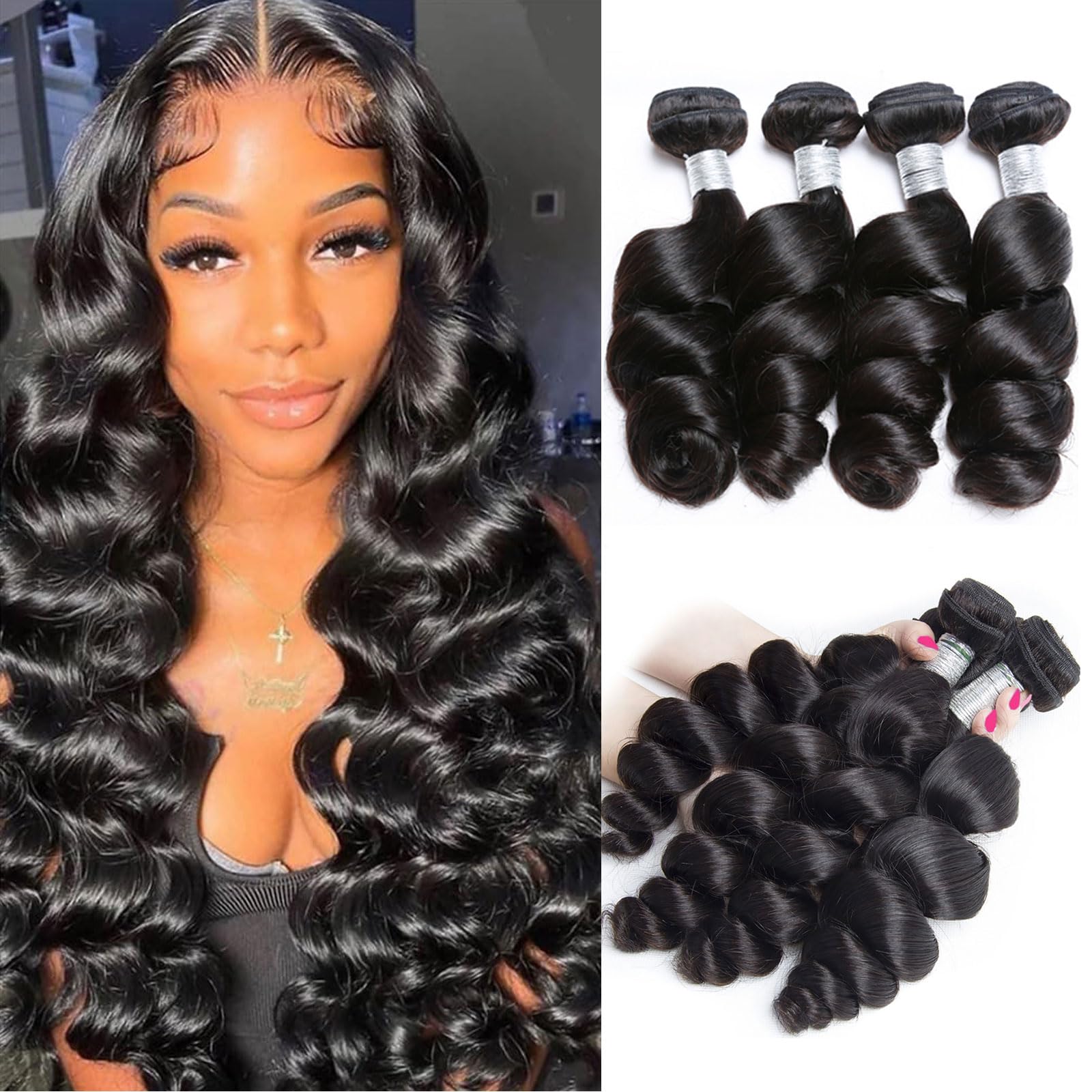 Huarisi Human Hair Loose Wave 4 Bundles 14 16 18 20 inch 10A Unprocessed Virgin Brazilian Hair Loose Wave Bundles Natural Color Real Hair Extensions Weft Sew in Weaves for Black Women — image 1