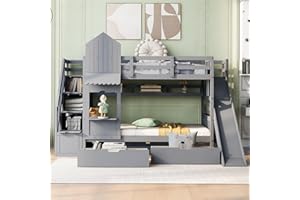 BIADNBZ Twin Over Twin Castle Bunk Bed with Slide, Stairs and Storage Drawers, Solid Wood Kids BunkBed Playhouse with Shelves for 2 Boys Girls Bedroom, Gray