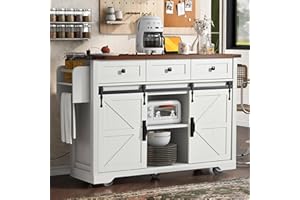 AMPOSEI Farmhouse Kitchen Island on Wheels with Drop Leaf & Power Outlet, 53.7-Inch Rolling Storage Island Cart with Drawers, Sliding Barn Door Cabinets, Spice Rack (Retro White)