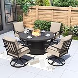 Kurapika 5 Piece Metal Outdoor Patio Furniture Set with Round Fire Pit Table, Patio Conversation Sets 4 Swivel Chairs with Thick Cushion and 40000 BTU Fire Pit Table, Sand