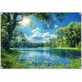 ZTHMOE Fabric 7x5ft Lake Natural Scenery Backdrop River Camp Banner | Mountain Forest Tree Blue Sky Bokeh Photography Background, Picnic Hiking Party Decorations, Spring Outdoor Photo Props