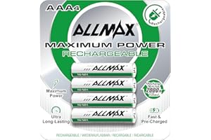 ALLMAX BATTERY Allmax AAA Maximum Power Rechargeable NiMH Triple A Batteries (4 Count) – Ultra Long-Lasting, Recharge up to 2,000 Times, Pre-Charged, Maximum Performance – 1.2V