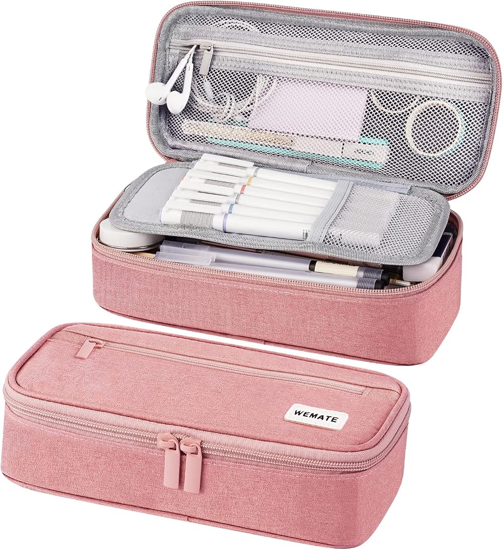 WEMATE Large Pencil Case 9x4.3x2.4in 5 Compartments Canvas Pink