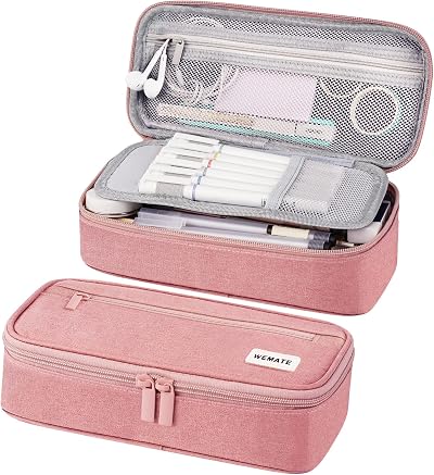 WEMATE Large Pencil Case 9x4.3x2.4in 5 Compartments Canvas Pink