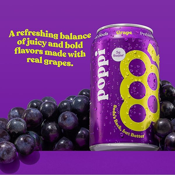 POPPI SPARKLING PREBIOTIC SODA BEVERAGE WITH APPLE CIDER VINEGAR, SELTZER WATER AND FRUIT JUICE, GRAPE FLAVOR, 12 FL OZ, 1 COUNT, PACKAGING MAY VARY