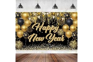 ANSOUFIEN New Year Decorations – Black and Gold Happy New Year Banner, 71 x 43 Inches Large Hanging Backdrop with Ribbon for 2025 Celebration Party Supplies