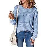 Yousify Womens Long Sleeve Sweaters Casual Crewneck Cable Knit Crochet Loose Fit Fall Pullover Tops