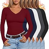 Oakgarden 5 Pack Women's Thermal Long Sleeve Shirts Fleece Lined V Neck Tops Slim Fit Base Layer Underwear Cold Weather