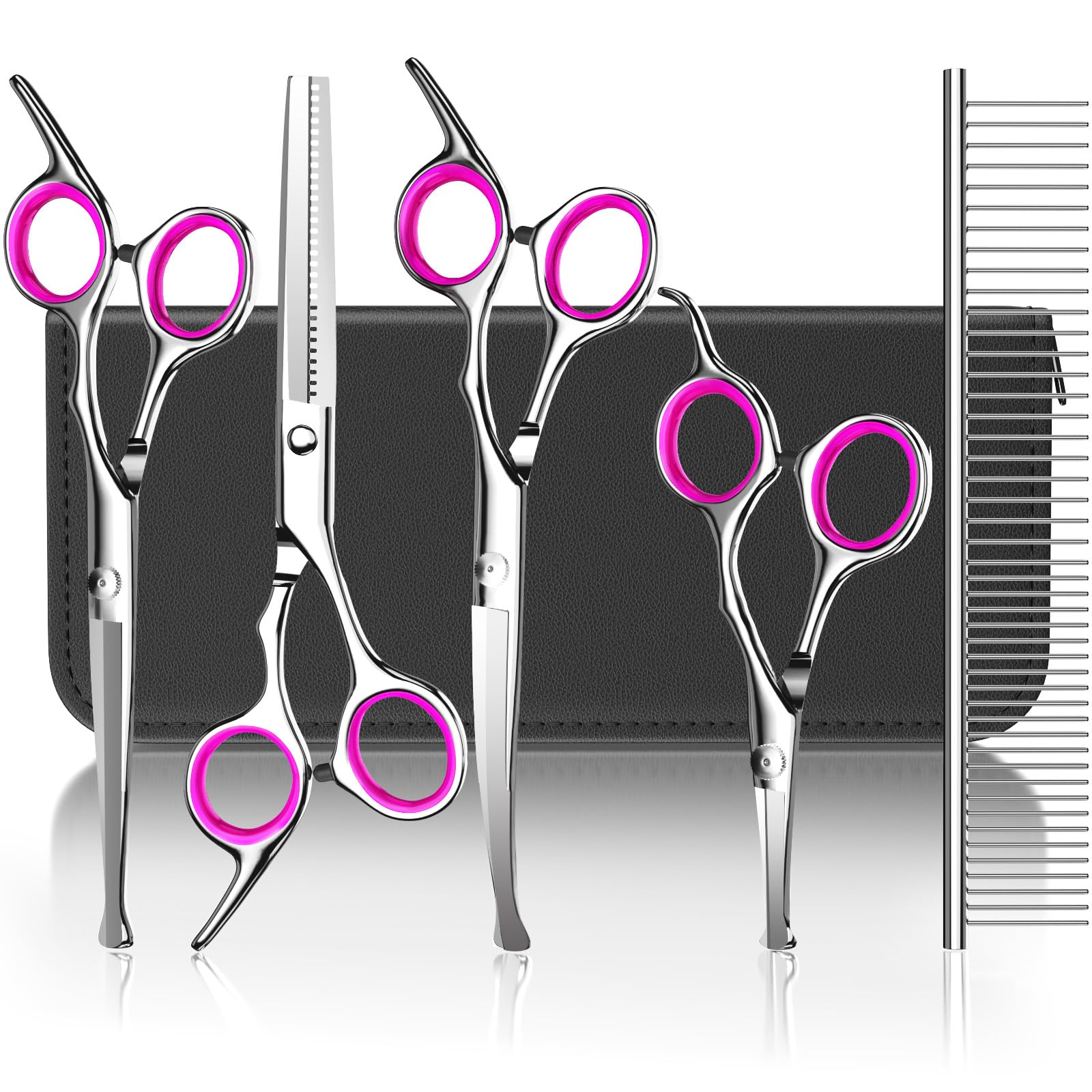 Pawaboo 5-Piece Professional Dog Grooming Scissors Set, Pink, Japanese Style, Stainless Steel with Titanium Coating