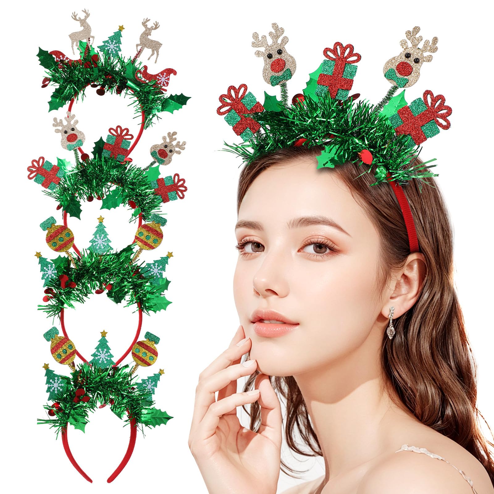 JOINPAYA 4 Pcs Christmas Glitter Tassel Headband: Girls Women Elk Gingerbread Man Reindeer Antlers Headband for Kids Xmas Holiday New Year Party