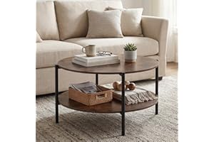 COSTWAY 33.5-inch Wooden Round Coffee Table with Open Storage Shelf, Heavy Duty Metal Frame, 2-Tier Industrial Circle Cocktai