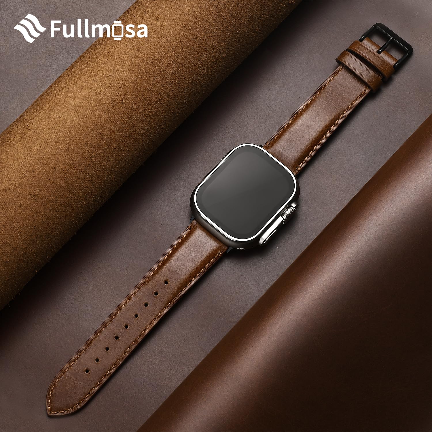 Fullmosa Fullmosa Compatible with Apple Watch Band Retro Leather Apple Watch Ultra 2/Ultra 49mm, Series 10 46mm, 9/8/7 45mm, SE2/SE/6/5/4 44mm, 3/2/1 42mm Band,Brown+Black Buckle