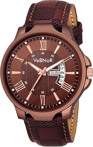 VeBNoR Analogue Day Date Calendar Classic Brown Dial Leather Strap Belt Wrist Watch for Boys and Men Stylish Latest -480