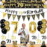27pcs 70th Birthday Decorations for Men, Black Gold 70th Party Decorations, Happy 70th Birthday Banner Honeycomb Table Hanging Swirls Cake Topper and Balloons, 70 years old birthday decorations