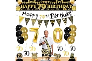 YEOHJOY 27pcs 70th Birthday Decorations for Men, Black Gold 70th Party Decorations, Happy 70th Birthday Banner Honeycomb Table Hanging Swirls Cake Topper and Balloons, 70 years old birthday decorations