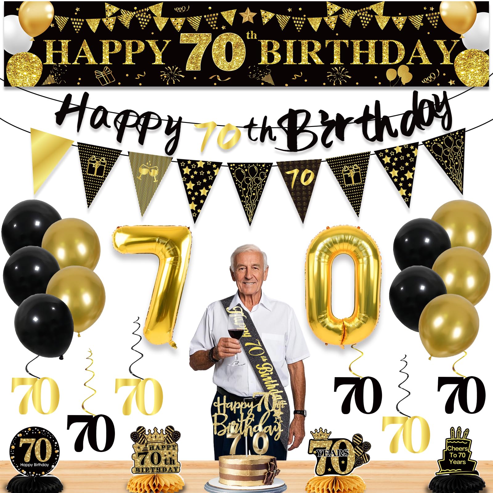 Photo 1 of 27pcs 70th Birthday Decorations for Men, Black Gold 70th Party Decorations, Happy 70th Birthday Banner Honeycomb Table Hanging Swirls Cake Topper and Balloons, 70 years old birthday decorations
