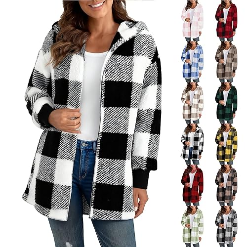 Gezqieunk Cozy Cardigans Womens Fleece Jackets Full Zip Plaid Sweatshits Oversized Fluffy Coats Winter Jackets for Women Long Sleeve Sweaters Plus Size Soft Comfy Cardigans Black S