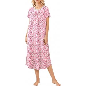 Ekouaer Womens Nightgowns Long Sleep Dress Short Sleeve Henley Loungewear | Floral Print Night Dress S-3XL, Lace Nightgowns,