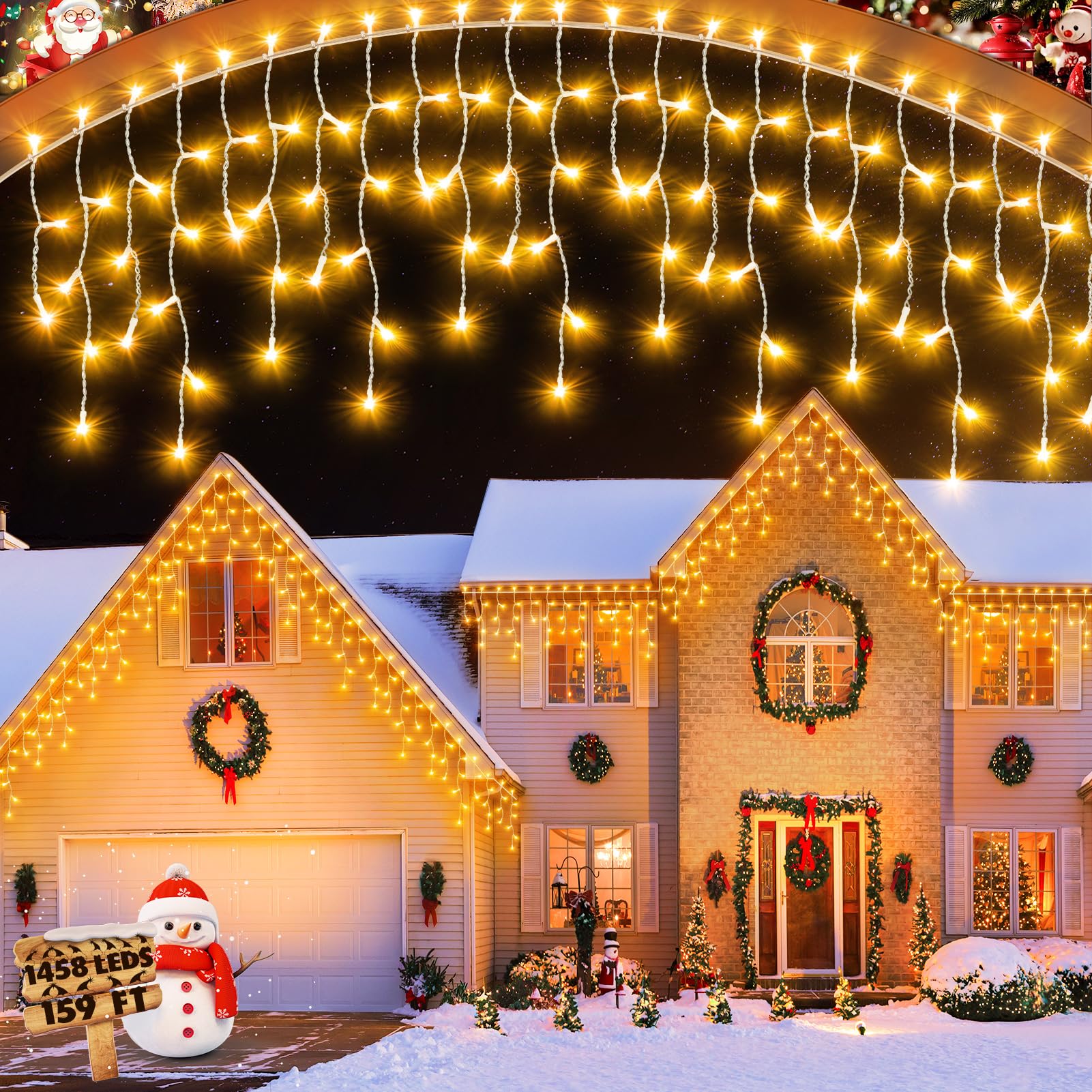 Photo 1 of 159 FT Christmas Lights Outdoor, 1458 LED Waterproof Outside Christmas Lights Plug in, Timer & Memory, 8 Modes Fairy Lights with 324 Drops for House Eaves Yard Patio Wedding Decorations, Warm White