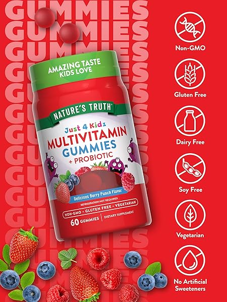 NATURE’S TRUTH KIDS MULTIVITAMIN GUMMIES WITH PROBIOTICS | 60 COUNT | BERRY PUNCH FLAVOR | VEGETARIAN, NON-GMO, AND GLUTEN FREE SUPPLEMENT