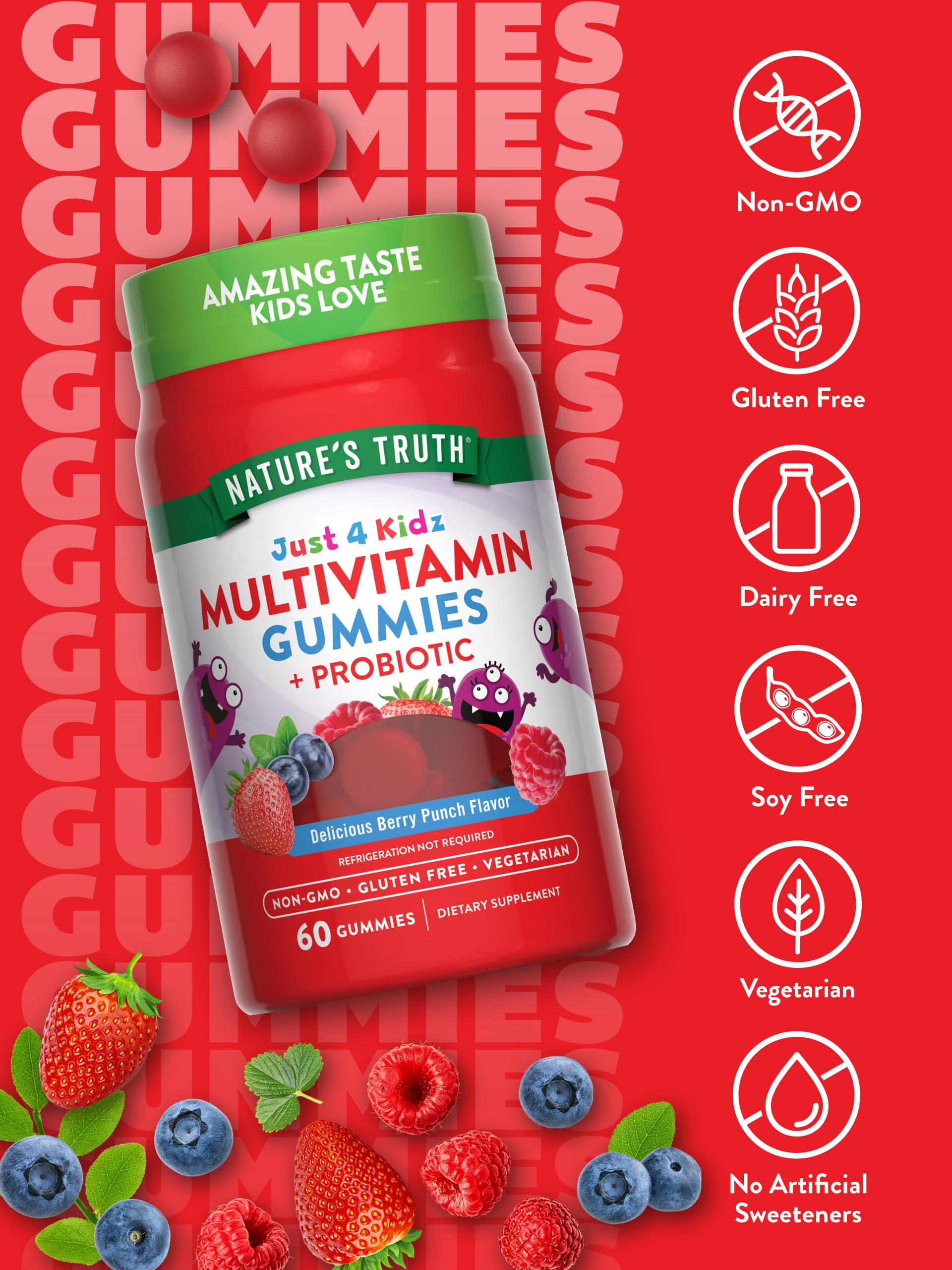 Nature's Truth Kids Multivitamin Gummies with Probiotics | 60 Count | Berry Punch Flavor | Vegetarian, Non-GMO, and Gluten Free Supplement