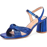 FINDVELL Women's Heeled Sandals Chunky Heel Strappy Metallic Braided Knotted Square Open Toe Ankle Strap Block Heel Sandals