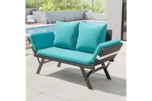TAVATA Outdoor Sofa, Convertible Patio Couch with Adjustable Armrest & Removable Cushion, PE Woven Rattan Patio Loveseat Daybed or Porch Couch with 2 Pillows for Backyard, Balcony, Poolside (Blue)