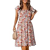 Dokotoo Womens Summer Dresses 2025 Boho Floral Ruffle Sleeve Smocked Elastic Waist Drawstring Tie Casual Mini Dress Sundress