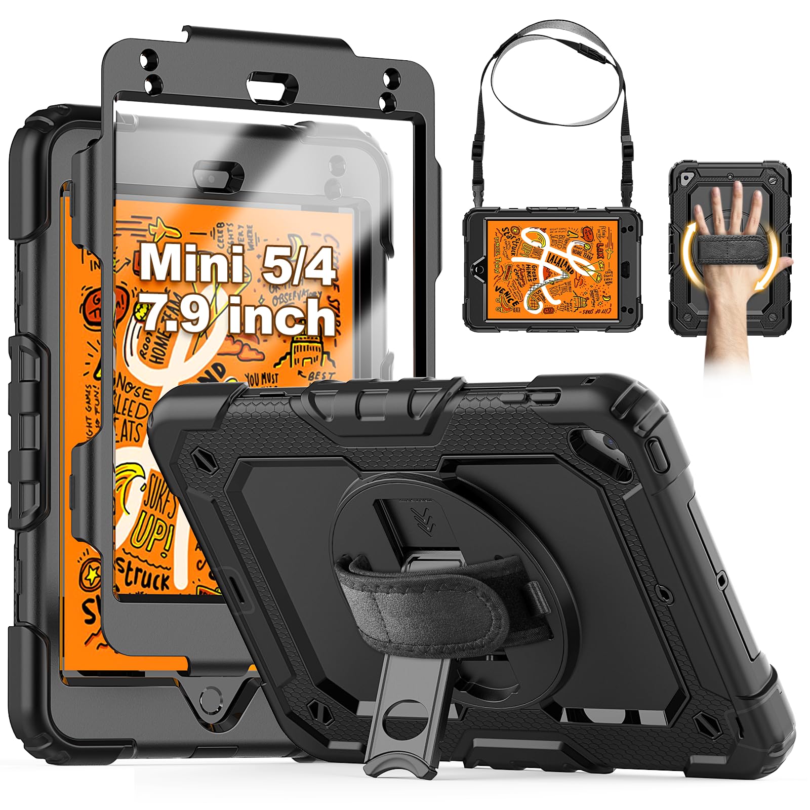 SEYMCY Case for iPad mini 5/4 (7.9-Inch 2019/2015 Model), Full-body Shockproof with Screen Protector, 360° Rotating Hand Strap & Stand, Pencil Holder, Shoulder Strap for iPad mini 5th/4th Gen, Black — image 1
