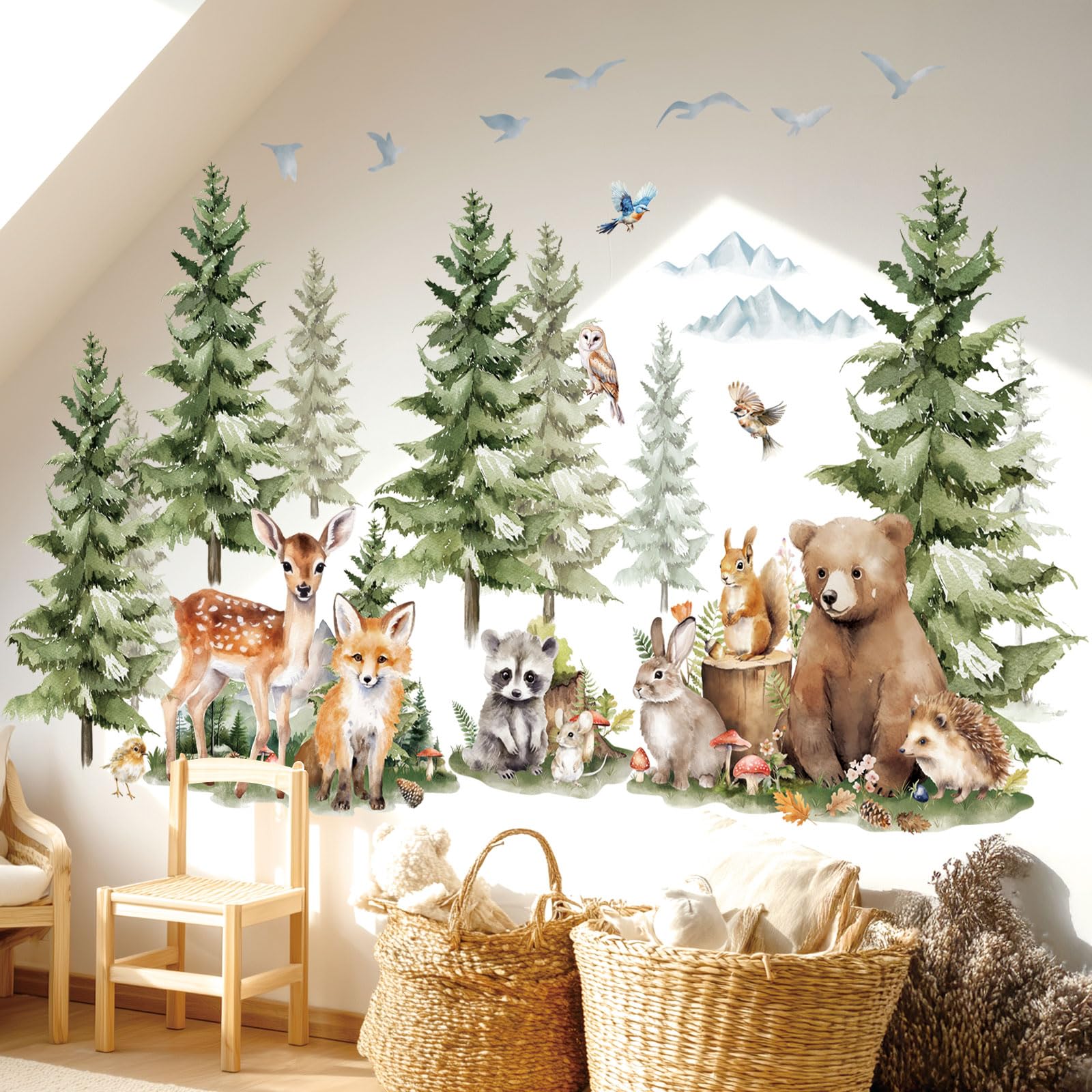 DECOWALL Large Pine Tree Wall Stickers Mountain Woodland Forest Animal Deer Fox Wall Decals Kids Cozy Room Nursery Bedroom Playroom Decor (SG4-2422)