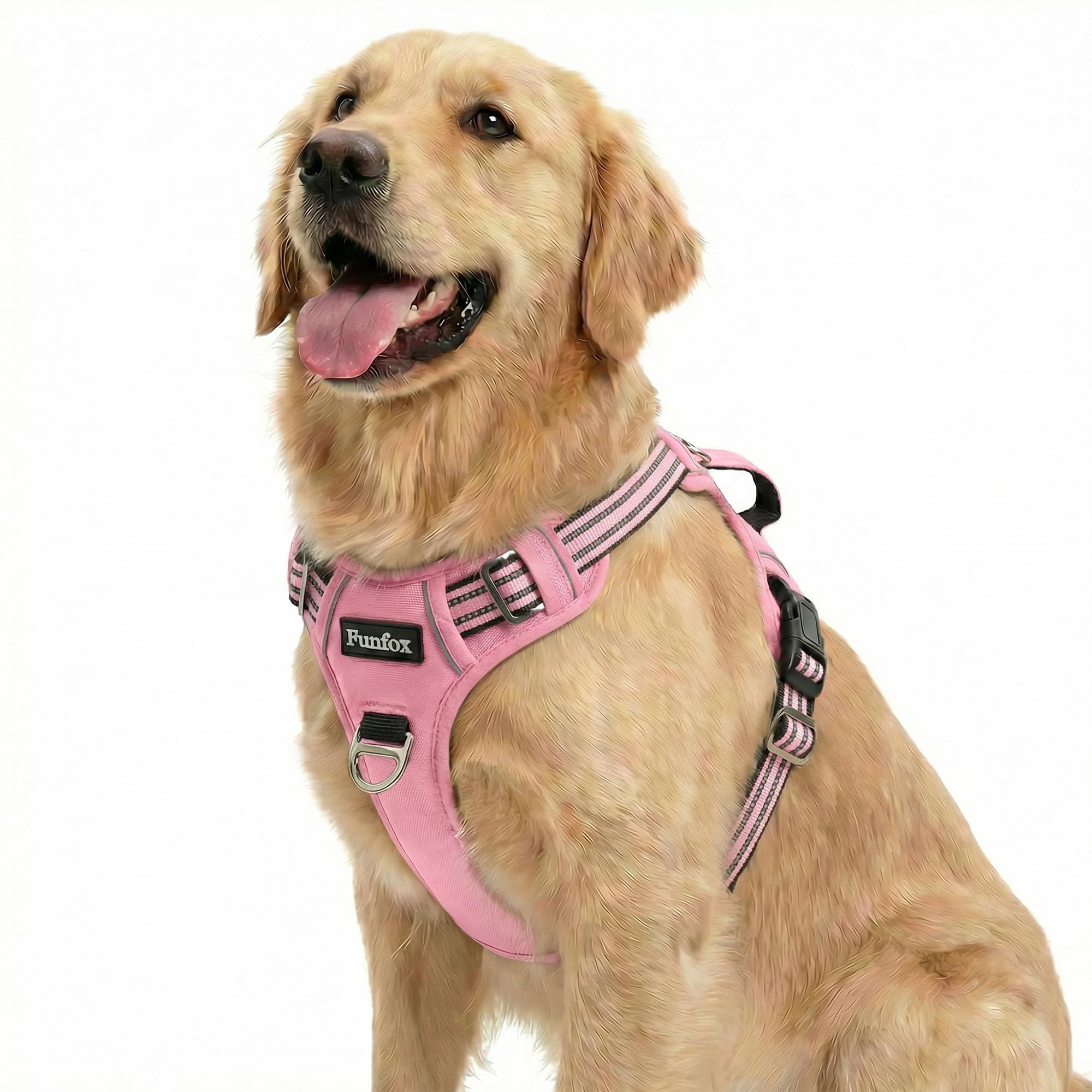 Funfox Dog Harness for Large Dogs, No Pull Pet Vest Adjustable with Vertical Handle & Front Clip, Anti Pull Padded Harness Reflective Night Walking Size for Medium Large Breed, Pink L