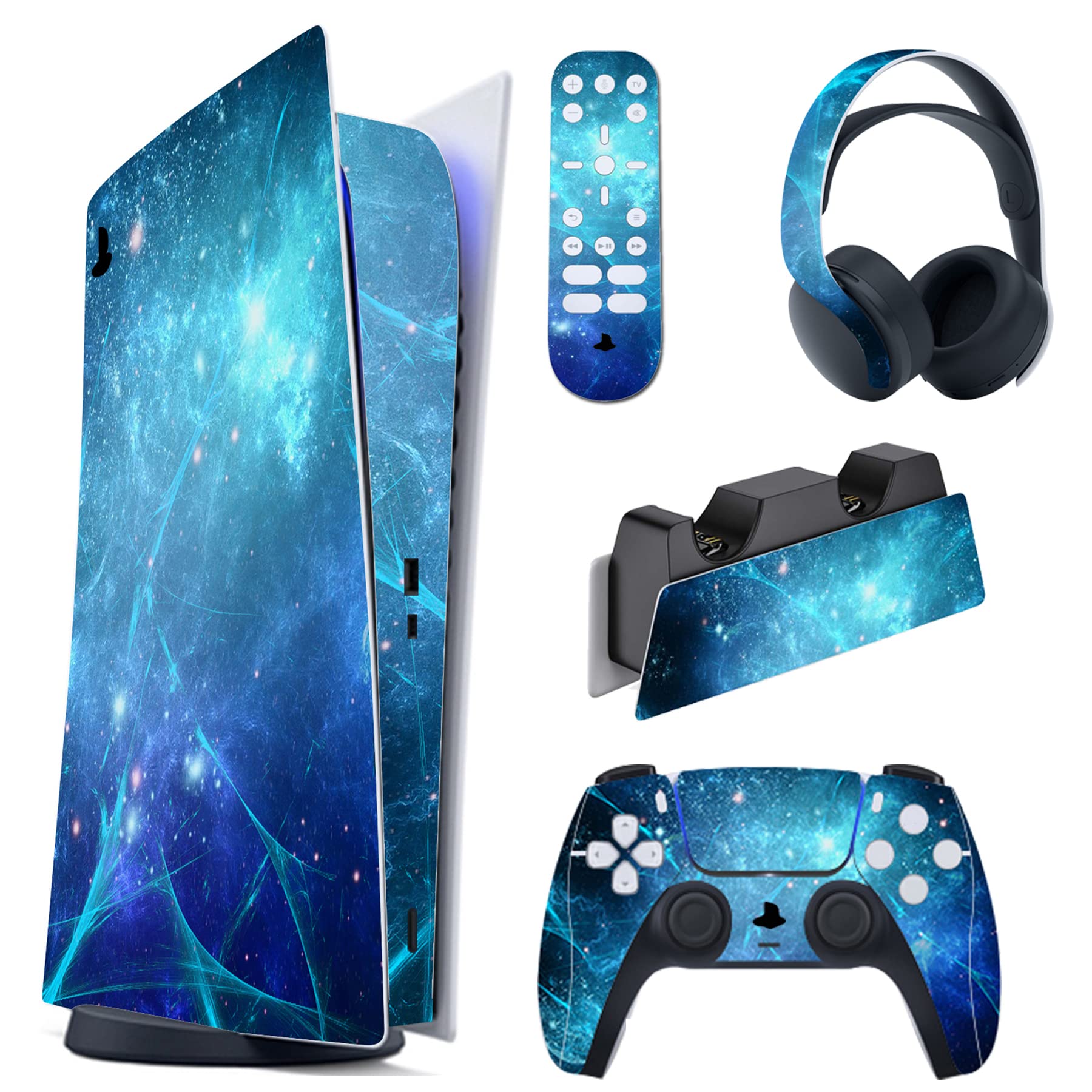 PlayVital Blue Nebula Full Set Skin Decal for ps5 Console Digital Edition, Sticker Vinyl Decal Cover for ps5 Controller & Charging Station & Headset & Media Remote