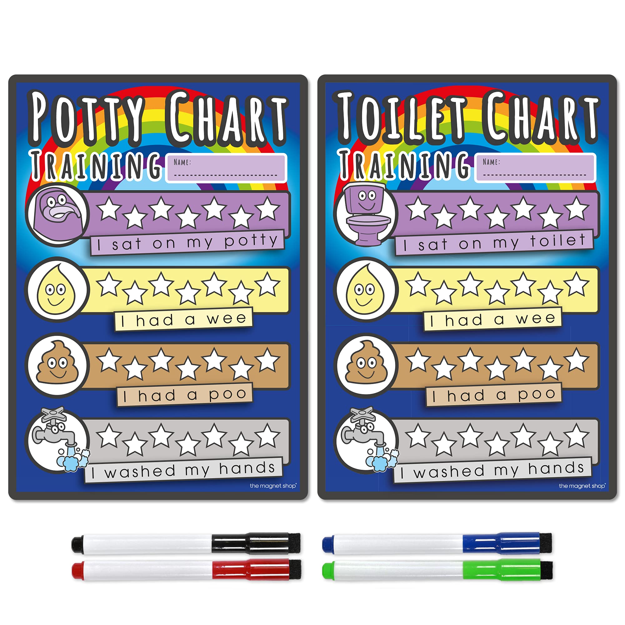 TMS Potty Training Chart and Toilet Reward Chart for Children - Dry Wipe Magnet with Colour-in Stars and 4 Magnetic Dry Erase Pens for Toddlers, Kids, Boys, Girls (Rainbow, A5 Potty & Toilet Chart)