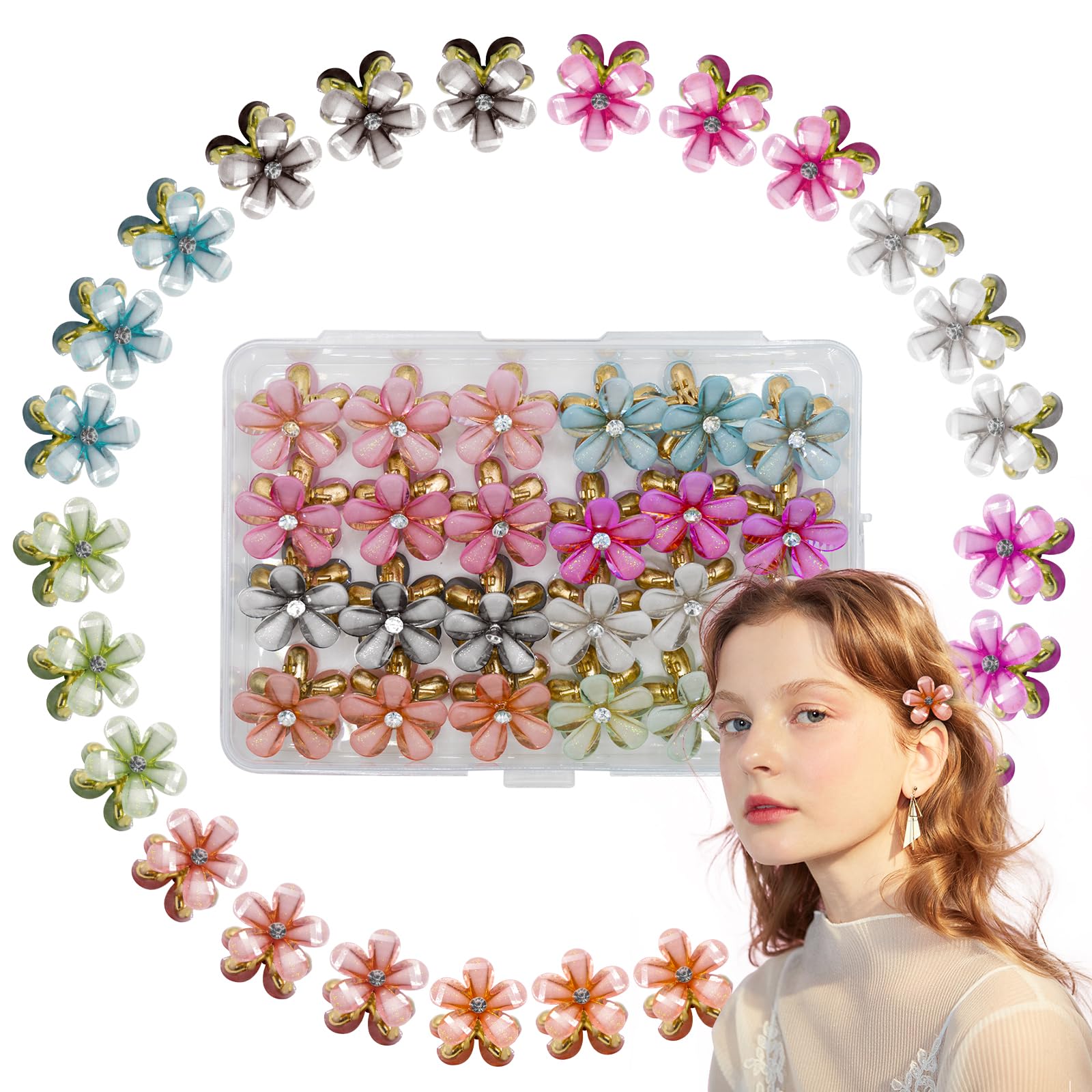 24pcs Mini Diamond Hair Claw Clips, Sweet Crystal Flower Mini Claw Clip, Non-Slip Pink Small Hair Clips Flower Hair Accessories for Women Girls Kids Daily, Party, Photograph - 7 Colors