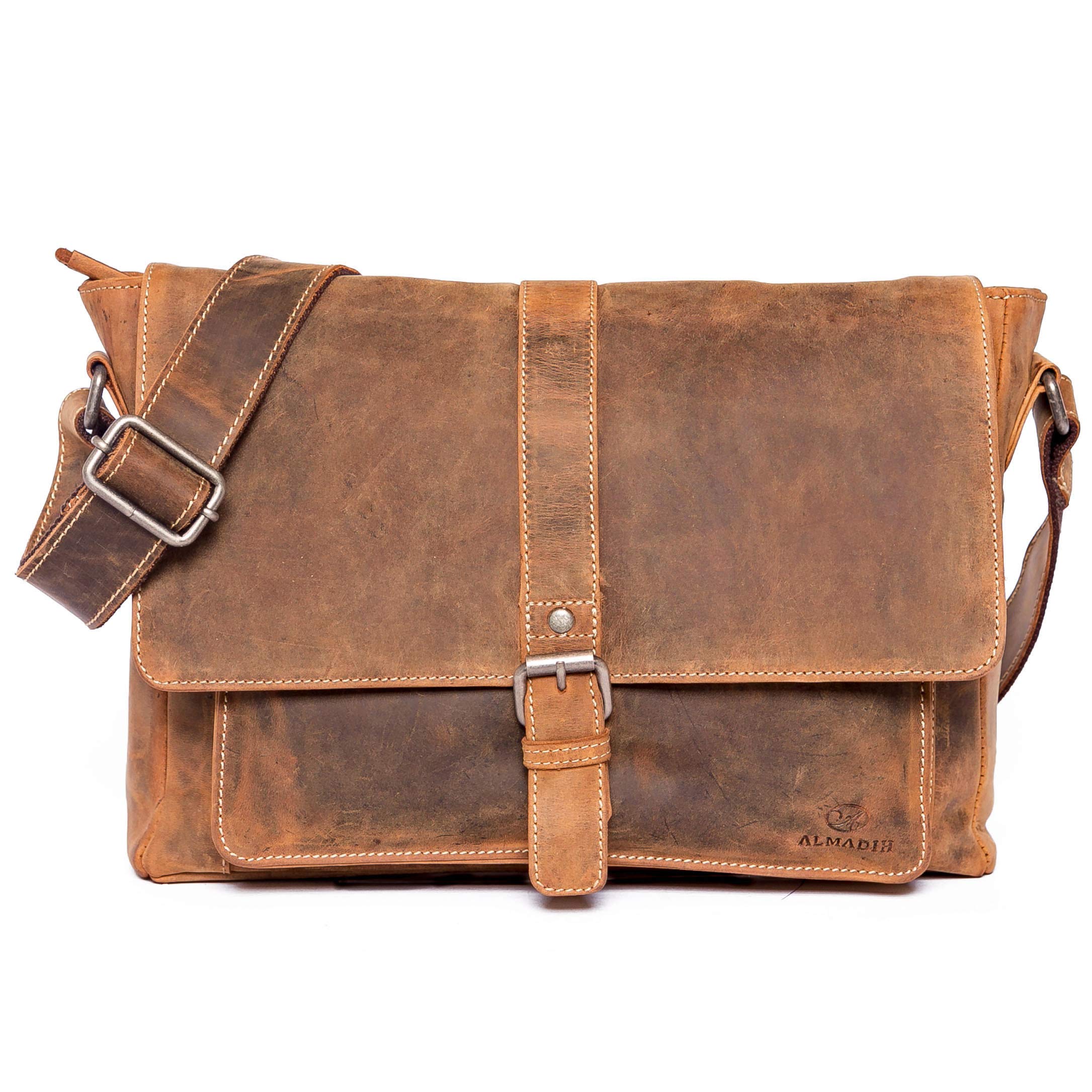 ALMADIH Jordan Vintage Leather Shoulder Bag with Laptop Compartment, Unisex-Adults, Satchel, Handbag, 32x25x11cm, Jordan Vintage