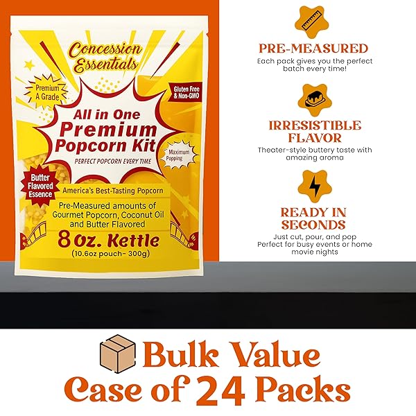 8OZ CONCESSION ESSENTIALS- POPCORN PORTION PACKS – KERNELS, OIL AND SALT -CASE OF 24CT