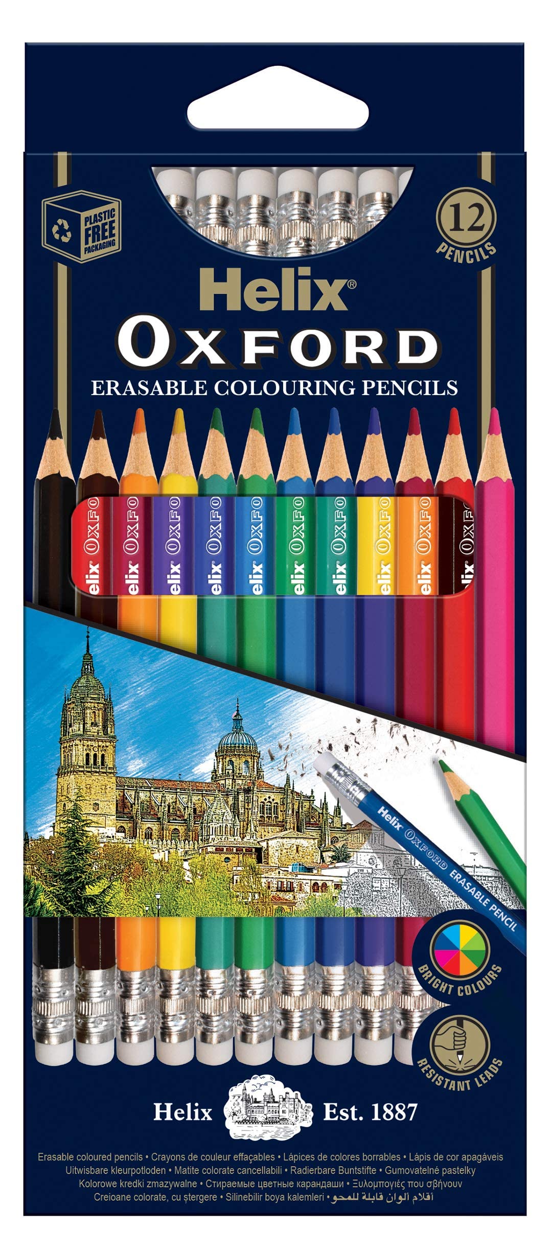 Helix Oxford Erasable Colouring Pencils - Pack of 12 Vibrant Colours With Strong Erasable Leads - Eraser Tipped Coloured Pencils
