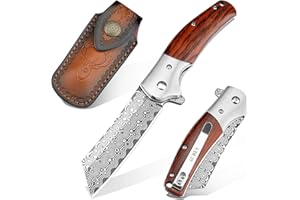 AUBEY Damascus Pocket Knife with Leather Sheath, 3.14 inch Damascus Steel Hollow Grind Blade, Damascus Folding Knife with Wood Handle and Clip, Gift for Camping Collection