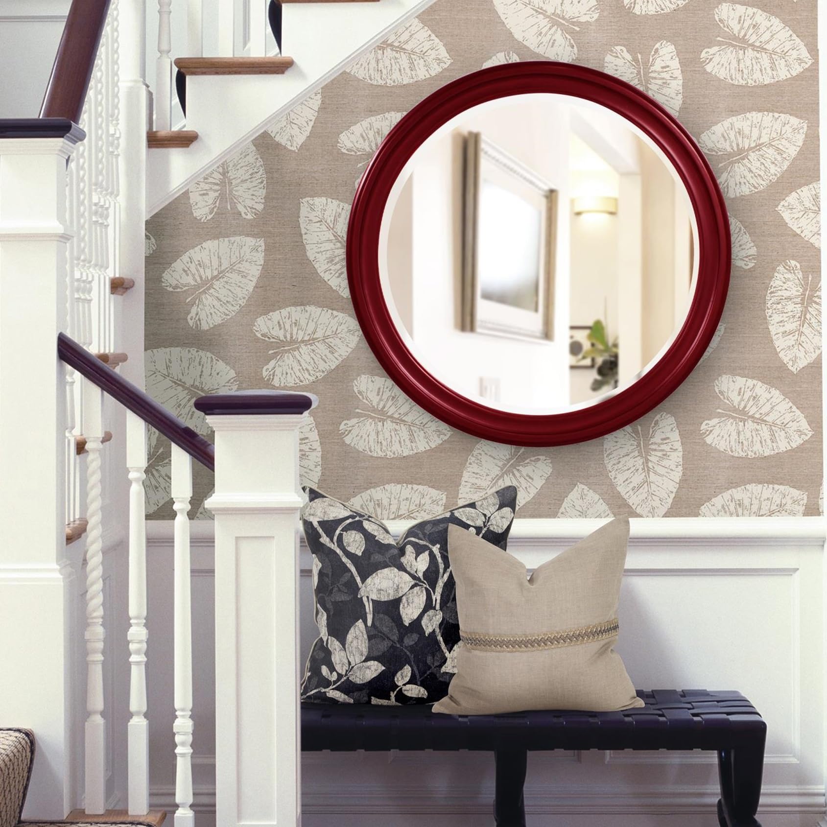 Howard Elliott George Round Glossy Burgundy Wall Mirror, Bevelled Vintage Hanging Wood Framed Vanity Mirrors for Home Decor, Living Room, Bathroom, Bedroom, or Hallway, 36 Inch Round