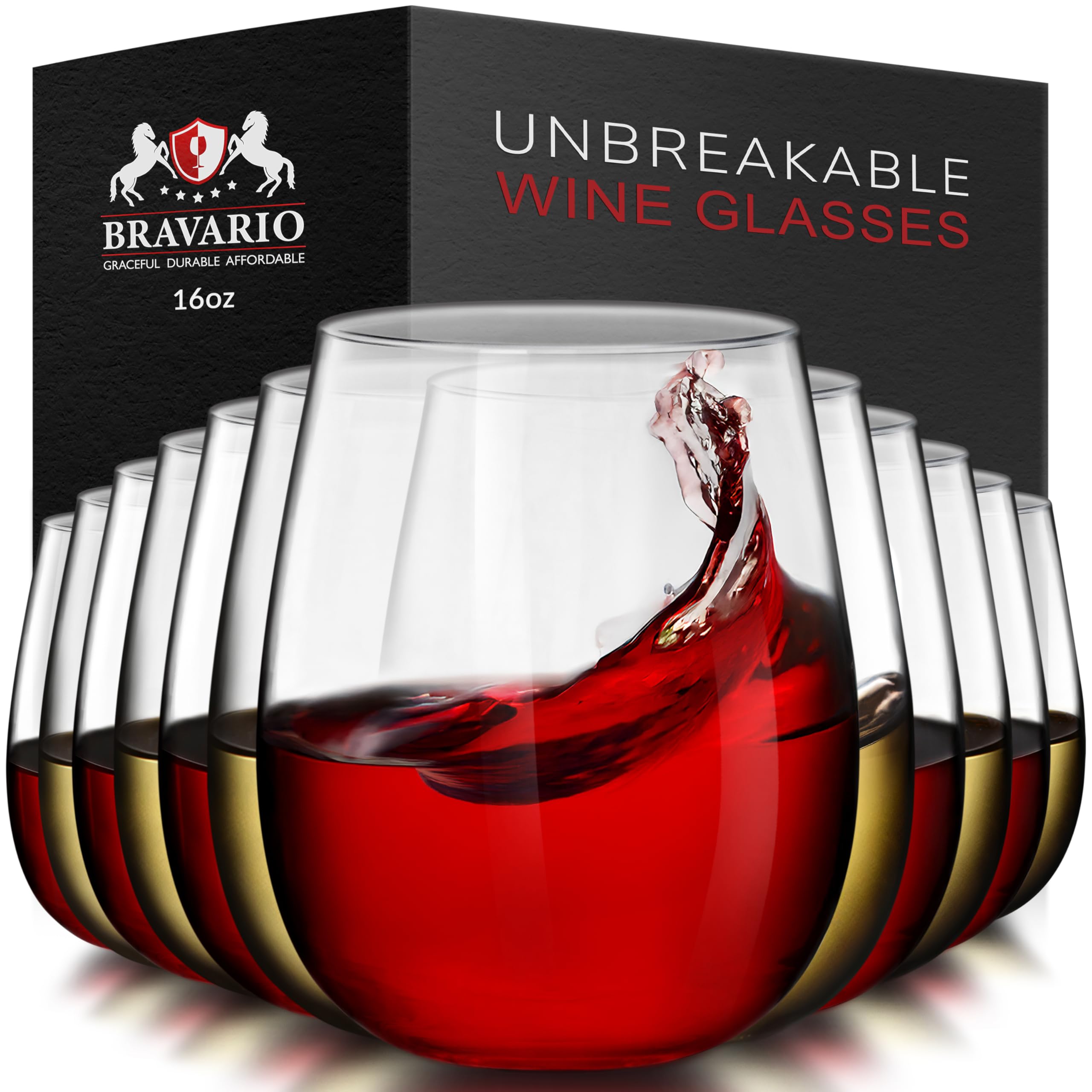 Photo 1 of Bravario Unbreakable Stemless Plastic Wine Glasses | Reusable | Shatterproof 100% Tritan Plastic | Dishwasher-Safe | BPA-free | Awesome for Indoor & Outdoor | 16 oz, Set of 12
