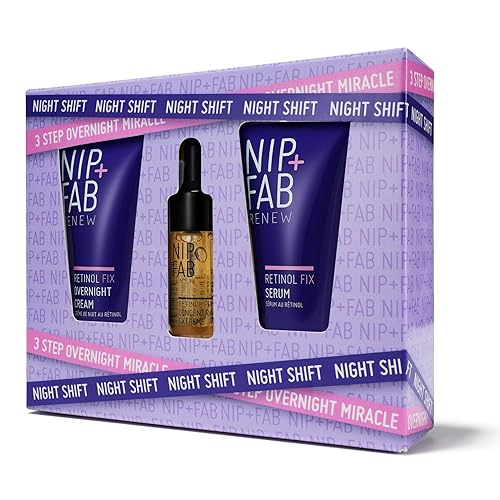 NIP+FAB Night Shift Gift Set, Contains 3 Large Deluxe Sized Products, Retinol Fix Concentrate 10ml, Retinol Fix Serum 20ml, Retinol Fix Overnight Cream 20ml, Stocking Filler