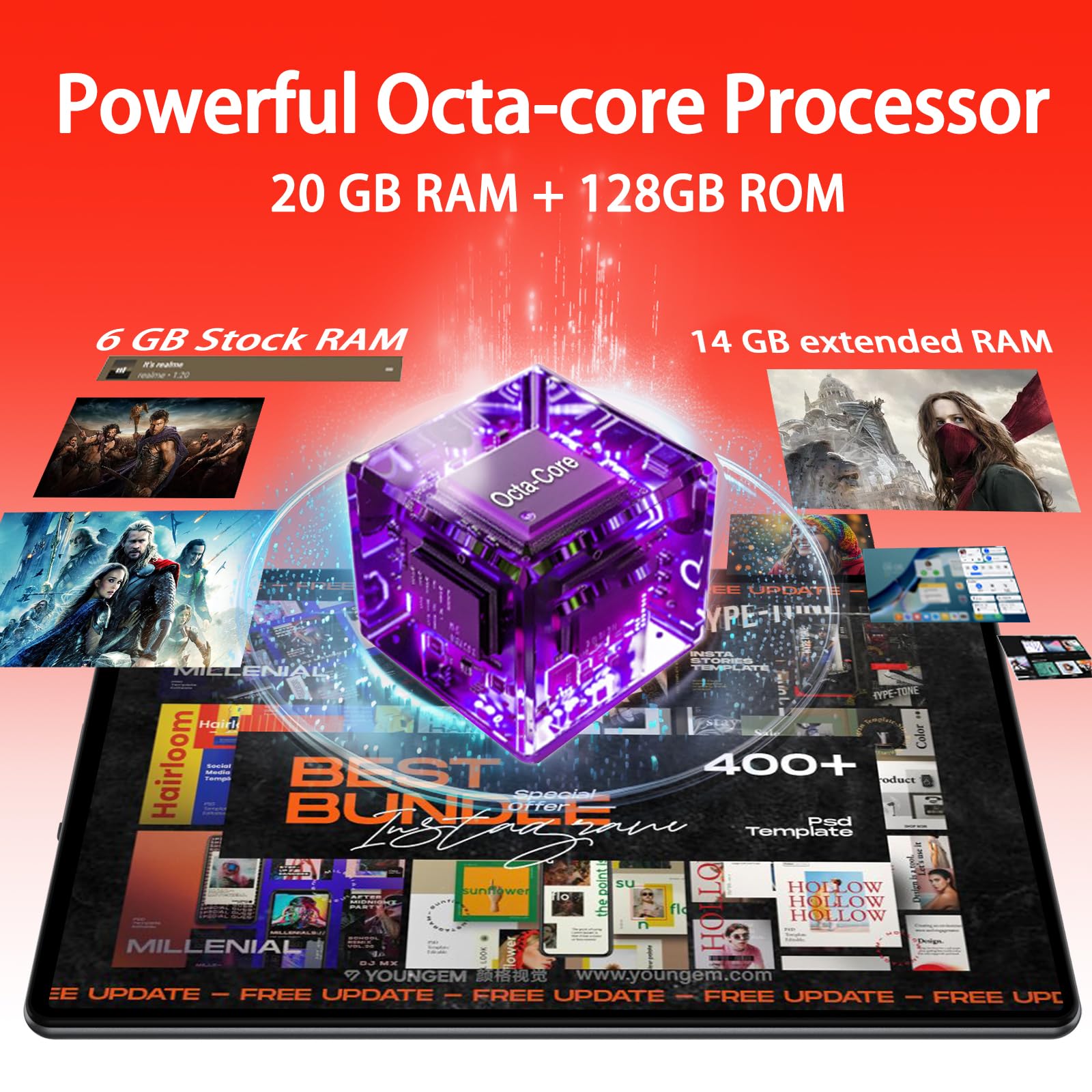 SKYEGG Android 14 Tablet 10.1 inch Tablets,20GB RAM 128GB ROM 1TB Expand,Octa-Core Processor,Dual Camera,WiFi 6,Bluetooth 5.0,6000mAh Long Battery Life with Keyboard/Mouse-Grey