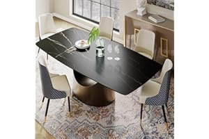 POVISON 63'' Modern Dining Table, Sintered Stone Black Dining Room Table for 4, Rectangular Dining Table with Bronze Carbon S